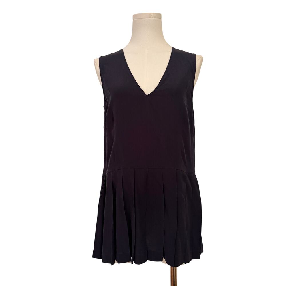 Marni Blouse Sleeveless Black V-Neck Pleated Bottom 100% Silk - EU 38 / Medium